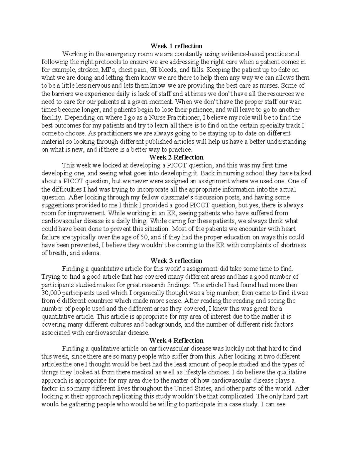 Weekly reflections - Week 1 reflection Working in the emergency room we ...