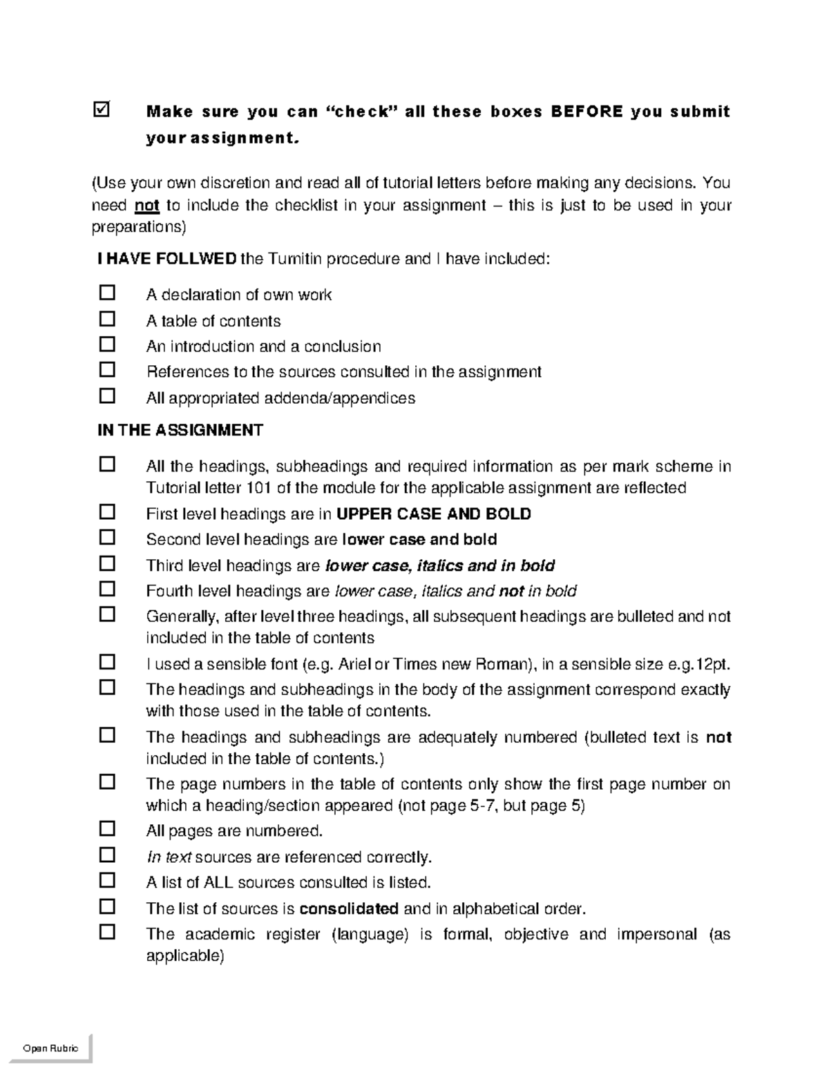 Assignment Checklists - Make sure you can “check” all these boxes ...
