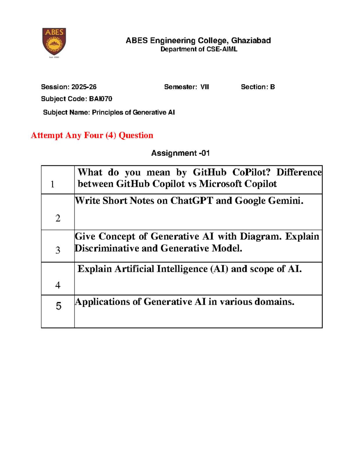 BAI 070 Assignment 1 - ABES Engineering College, Ghaziabad Department ...