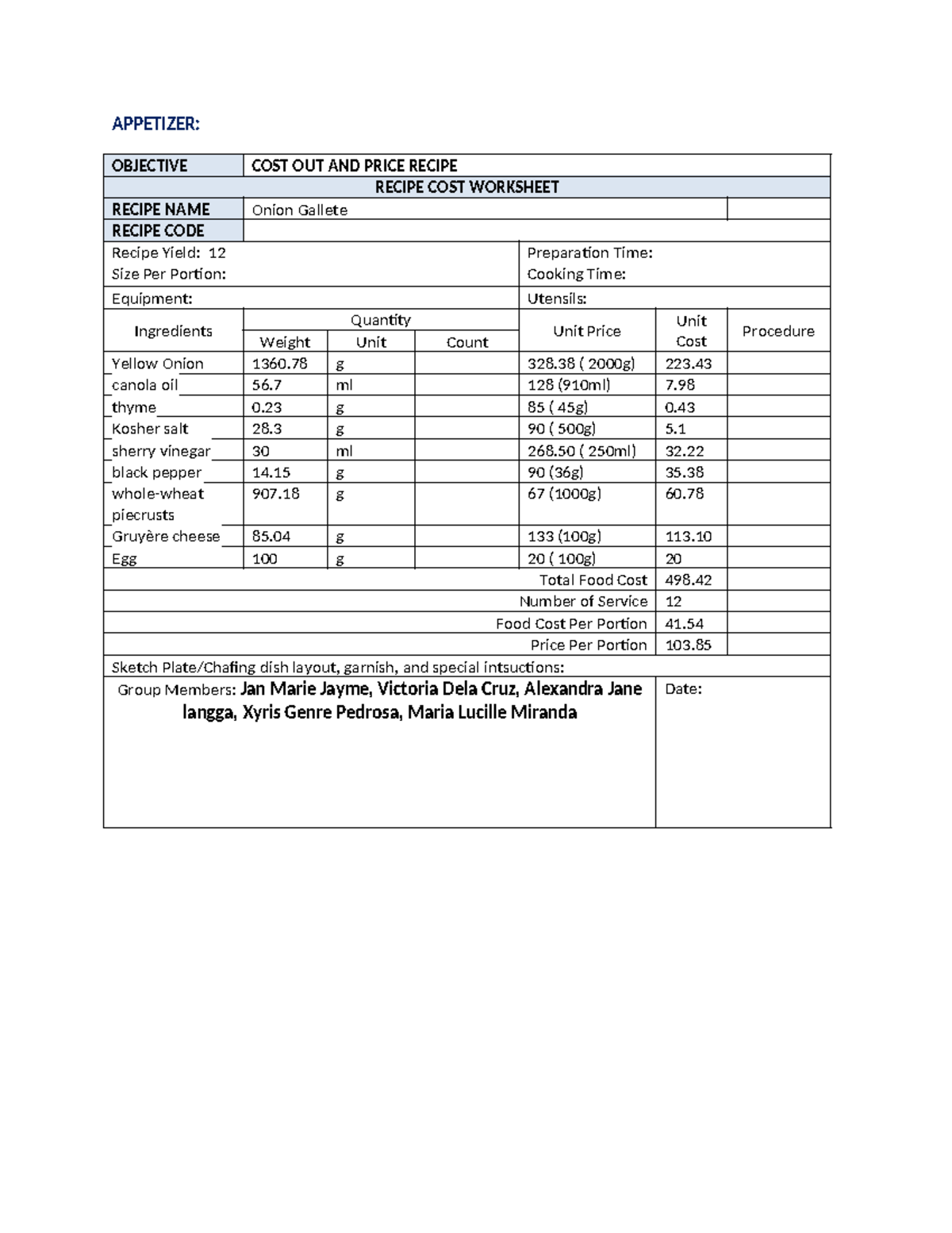 Foodcosting Recipe Analysis for MENU-LIST-1 - Studocu