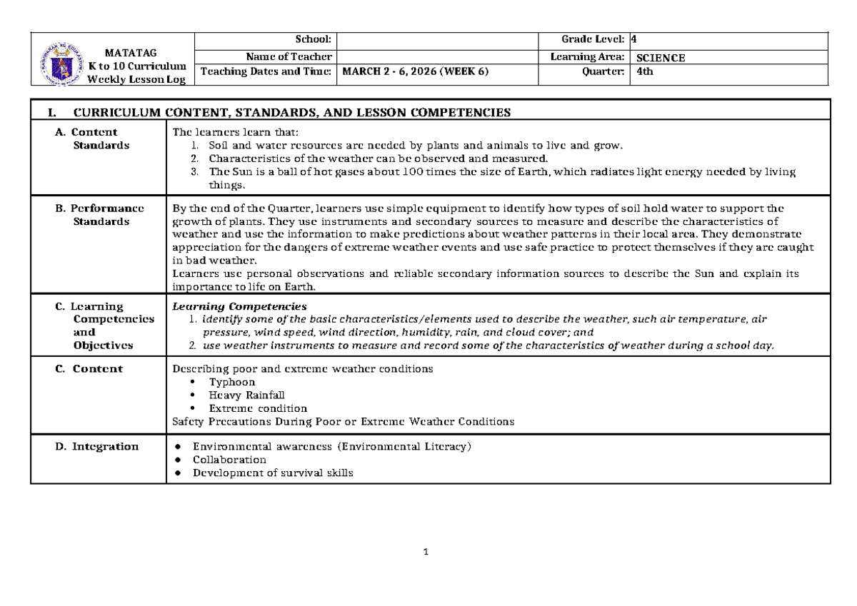 Grade 4 DLL: Matatag Science Weekly Lesson Log Q4 - Week 6 - Studocu