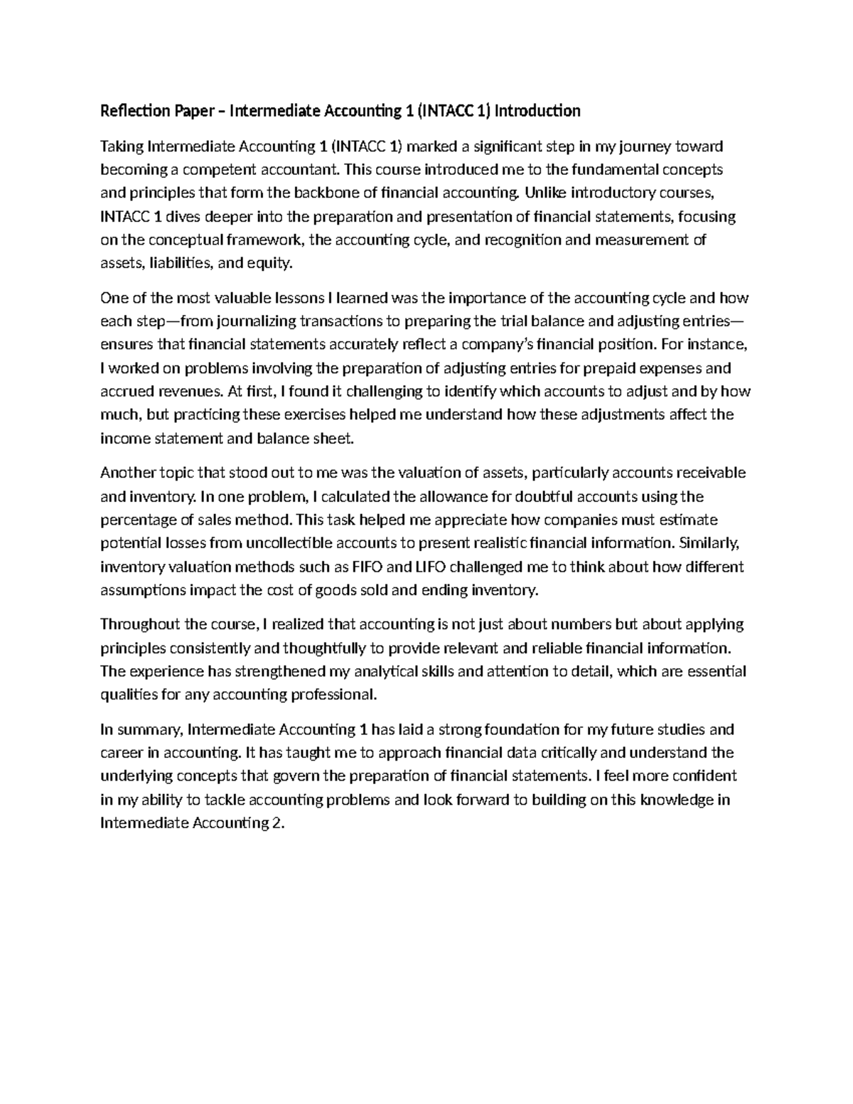 INTACC 1 Reflection Paper: Insights from Intermediate Accounting - Studocu