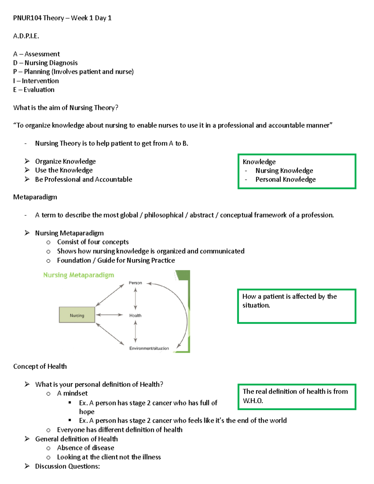 PNUR104 Theory - Week 1: Key Concepts in Nursing Knowledge and Health ...