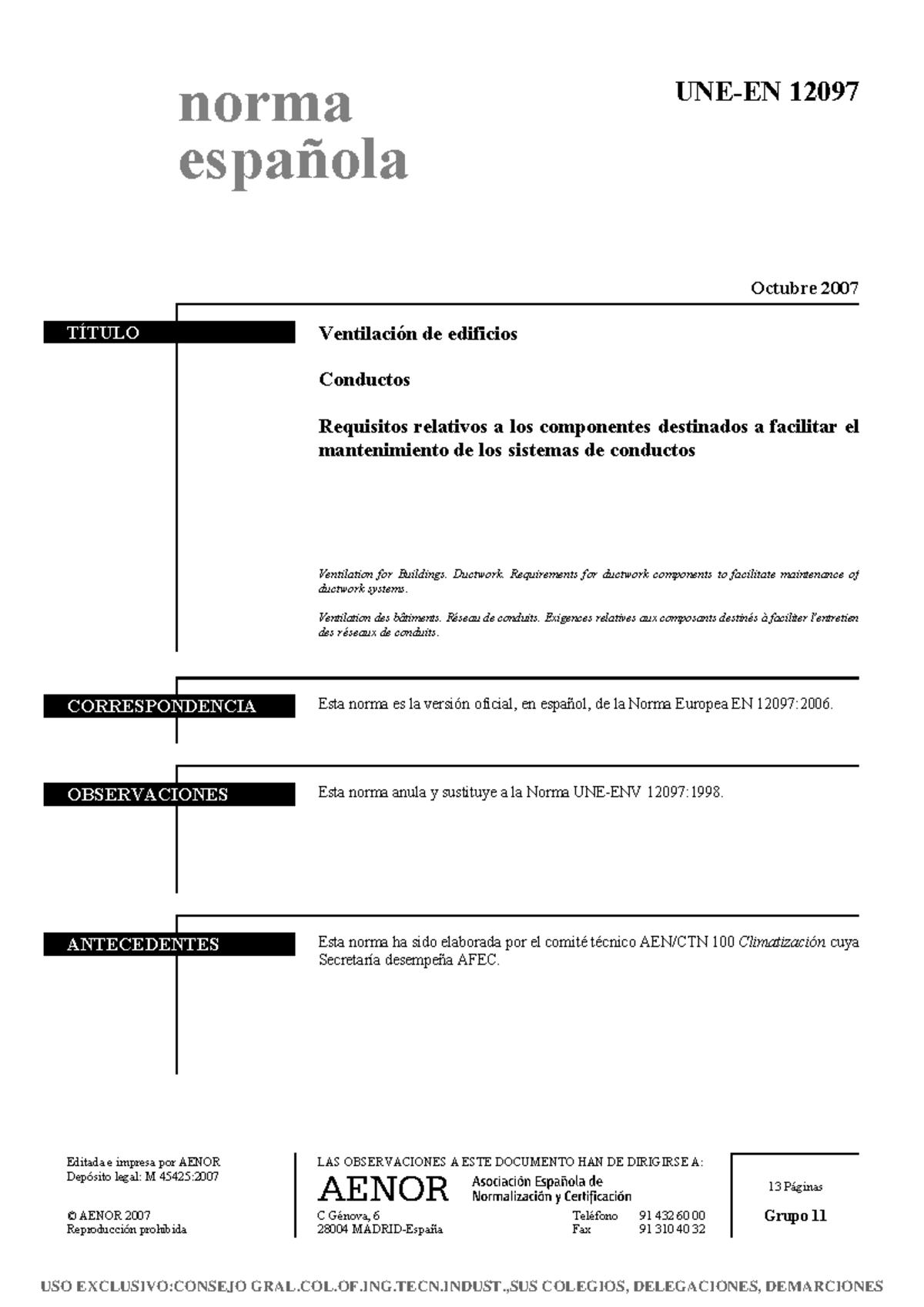Requisitos de Mantenimiento de Sistemas de Conductos UNE-EN 12097:2007 - Document Preview