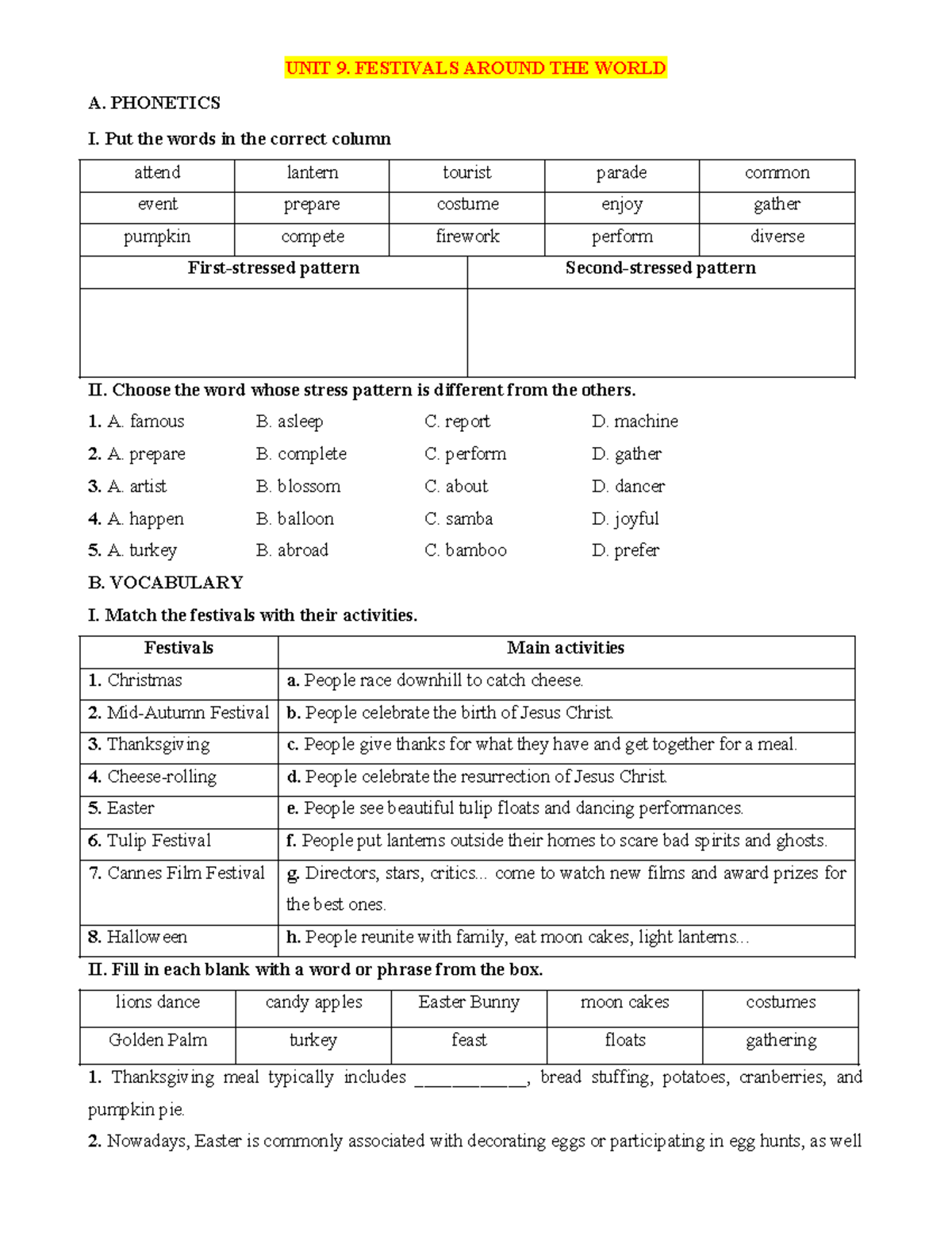 UNIT 9: FESTIVALS AROUND THE WORLD - PHONETICS & VOCABULARY EXERCISES ...