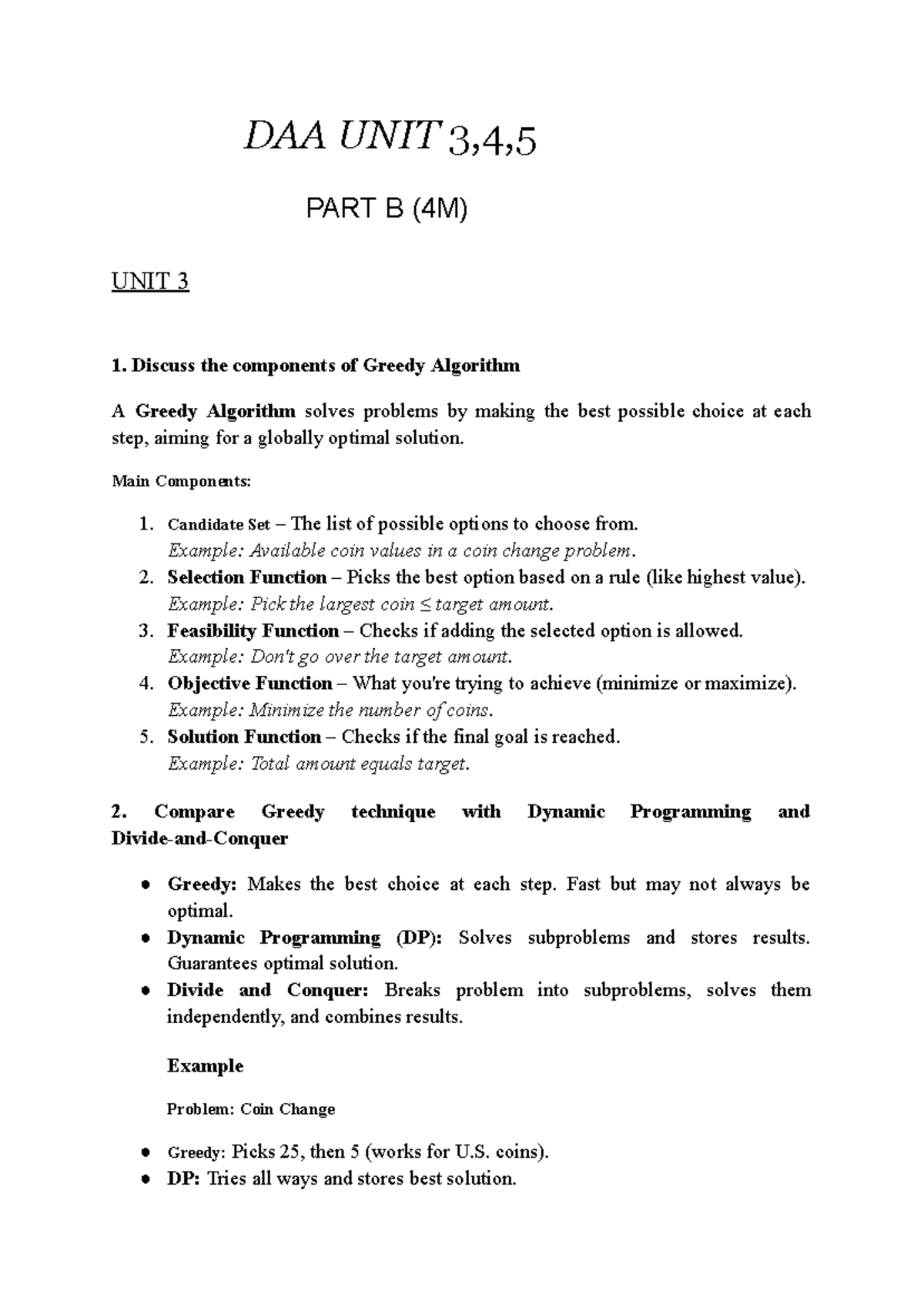 DAA UNIT 3, 4, 5 - COMPREHENSIVE QUESTION BANK ANSWERS - Studocu