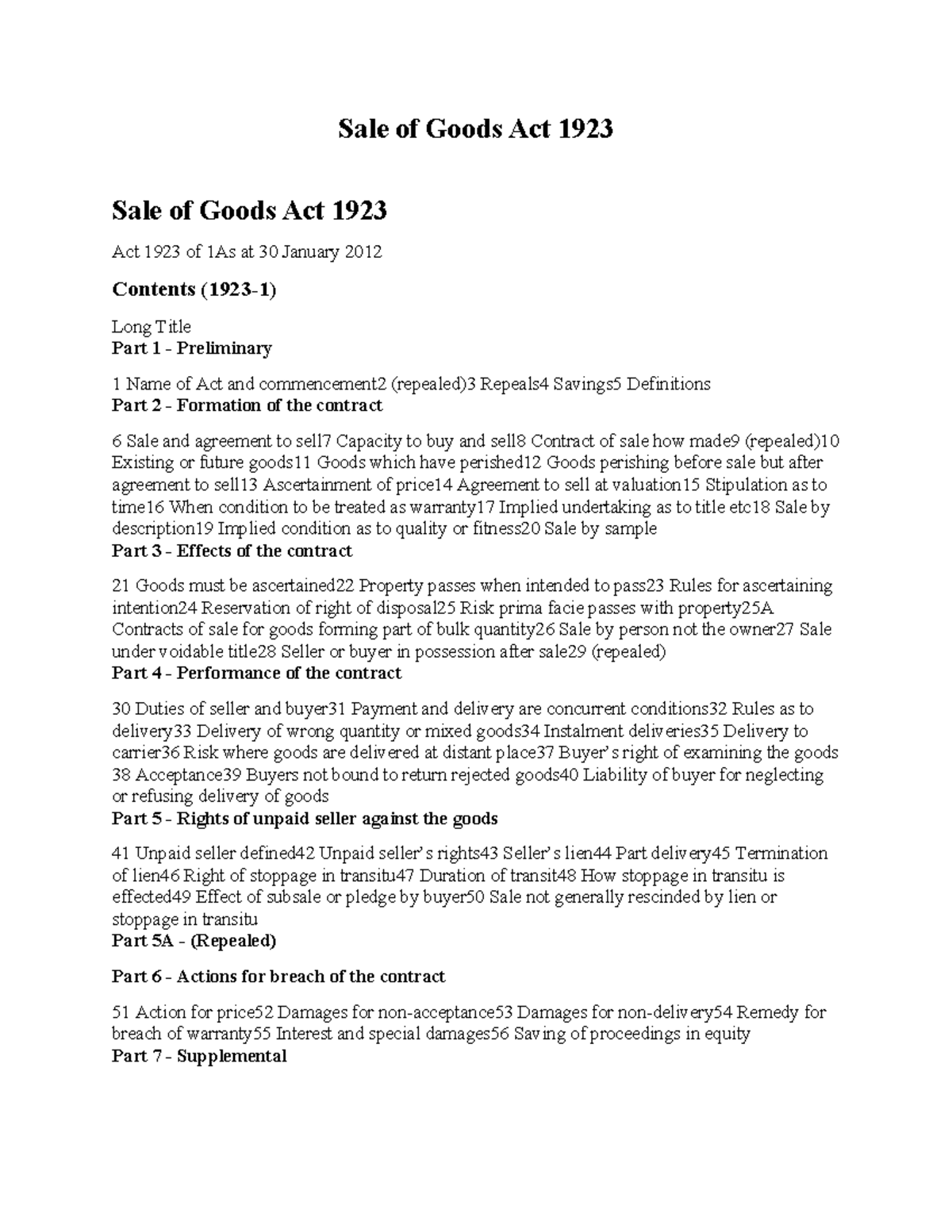 Sale of Goods Act 1923: Comprehensive Overview and Key Provisions - Studocu