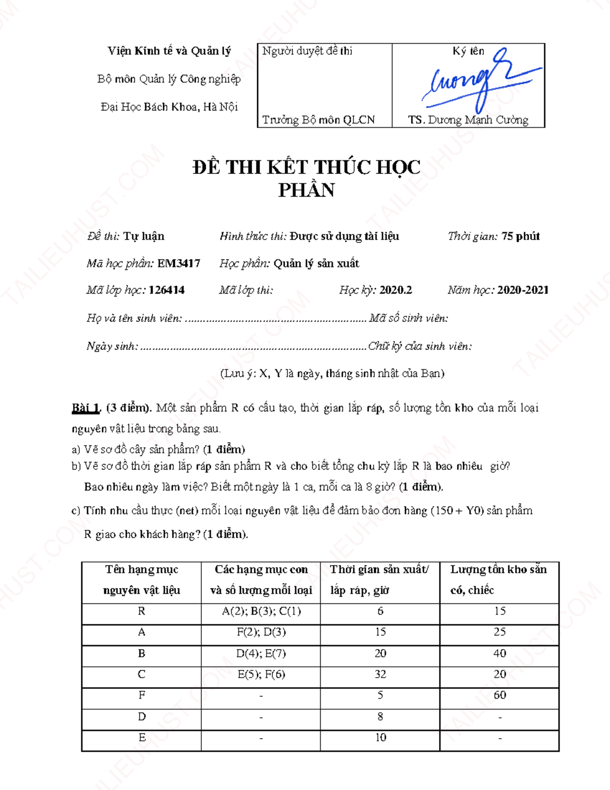 EM3417 Đề 1 Kỳ 2020.2 - Đề Thi Kết Thúc Học QTSX - Document Preview