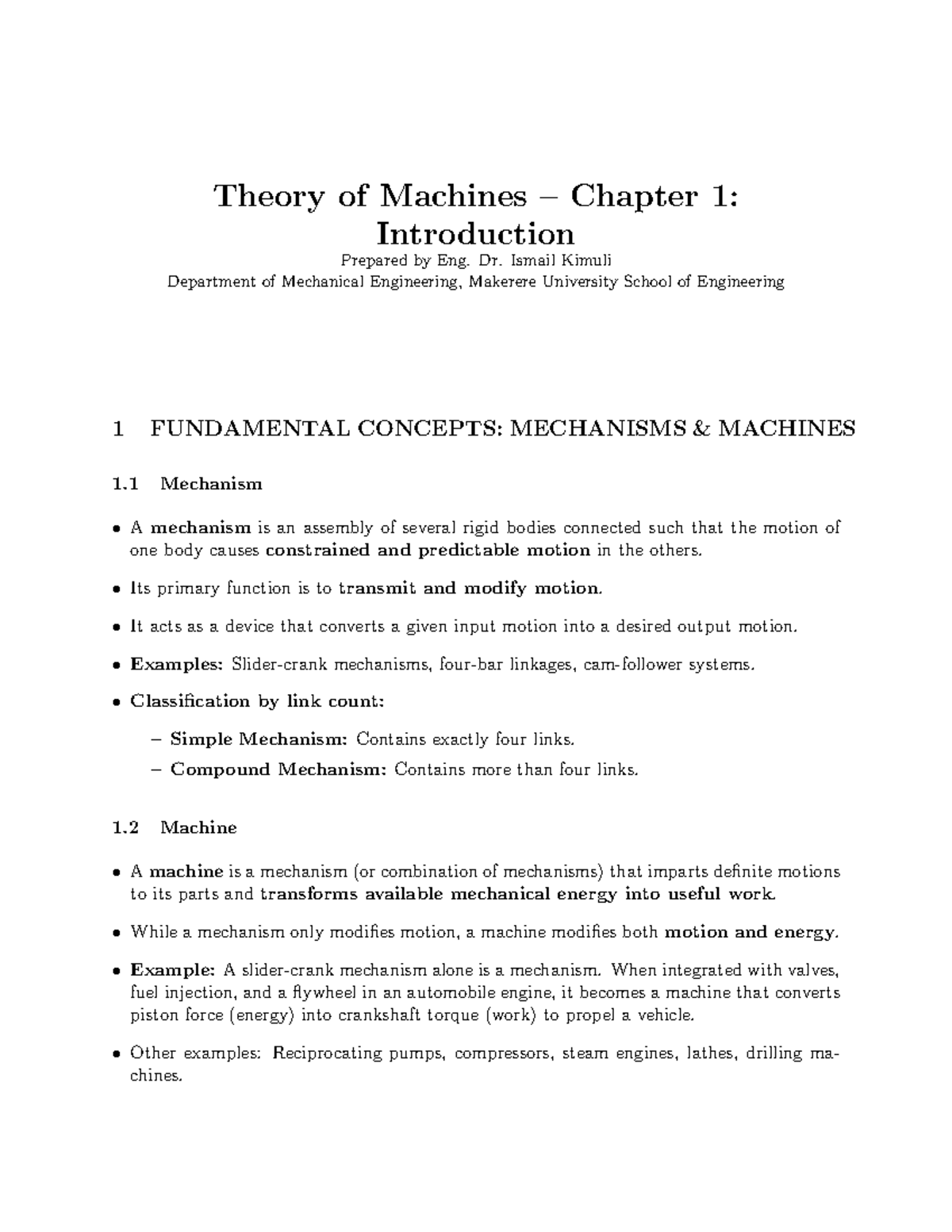 Theory of Machines (ToM) Chapter 1: Introduction and Mechanisms - Studocu