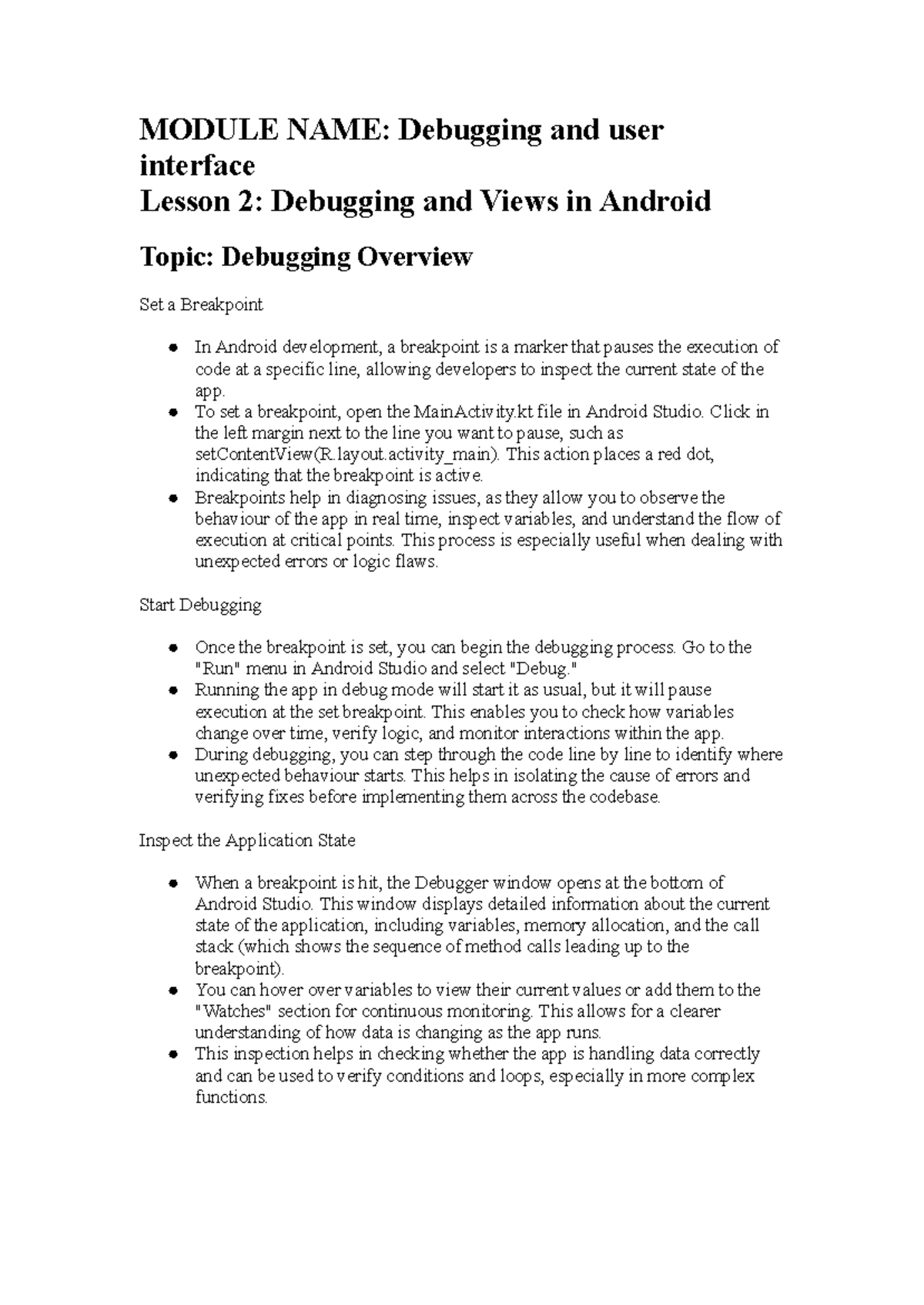 M2L2: Debugging and Views Overview in Android Development - Studocu