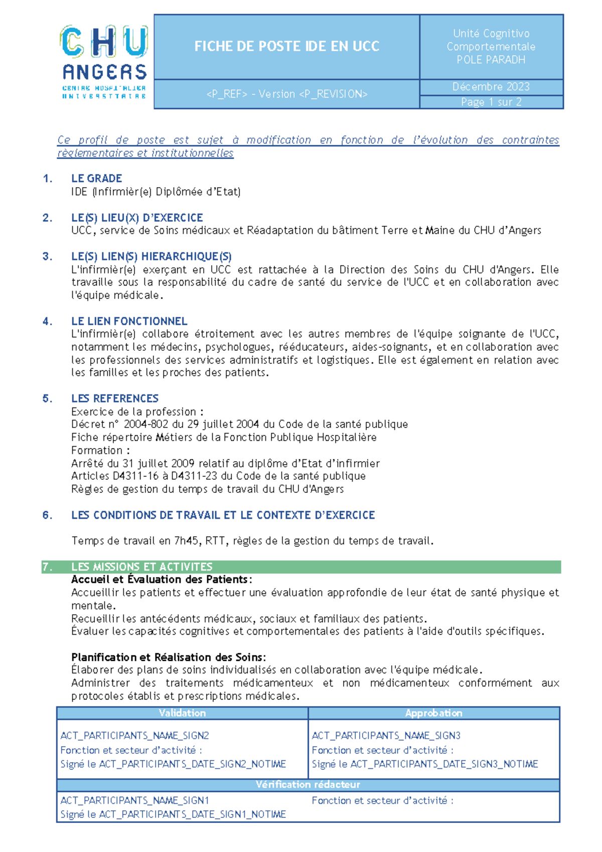 FICHE DE POSTE IDE UCC - Unité Cognitivo Comportementale Déc 2023 - Studocu