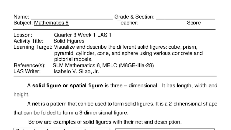 Mathematics 6 LAS Q3 - Understanding Solid Figures and Plane Figures ...