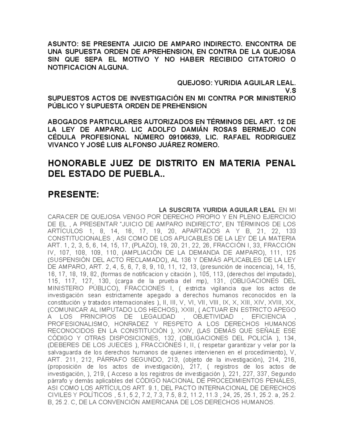 Juicio de Amparo Indirecto contra Orden de Aprehensión - Yuridia ...