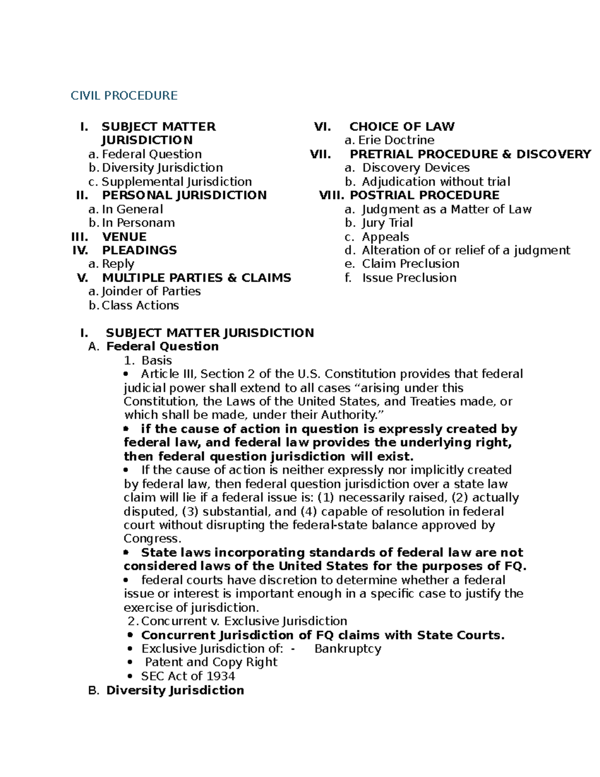 CIV Pro Outline - Summary Civil Procedure Focus For The Bar - CIVIL ...