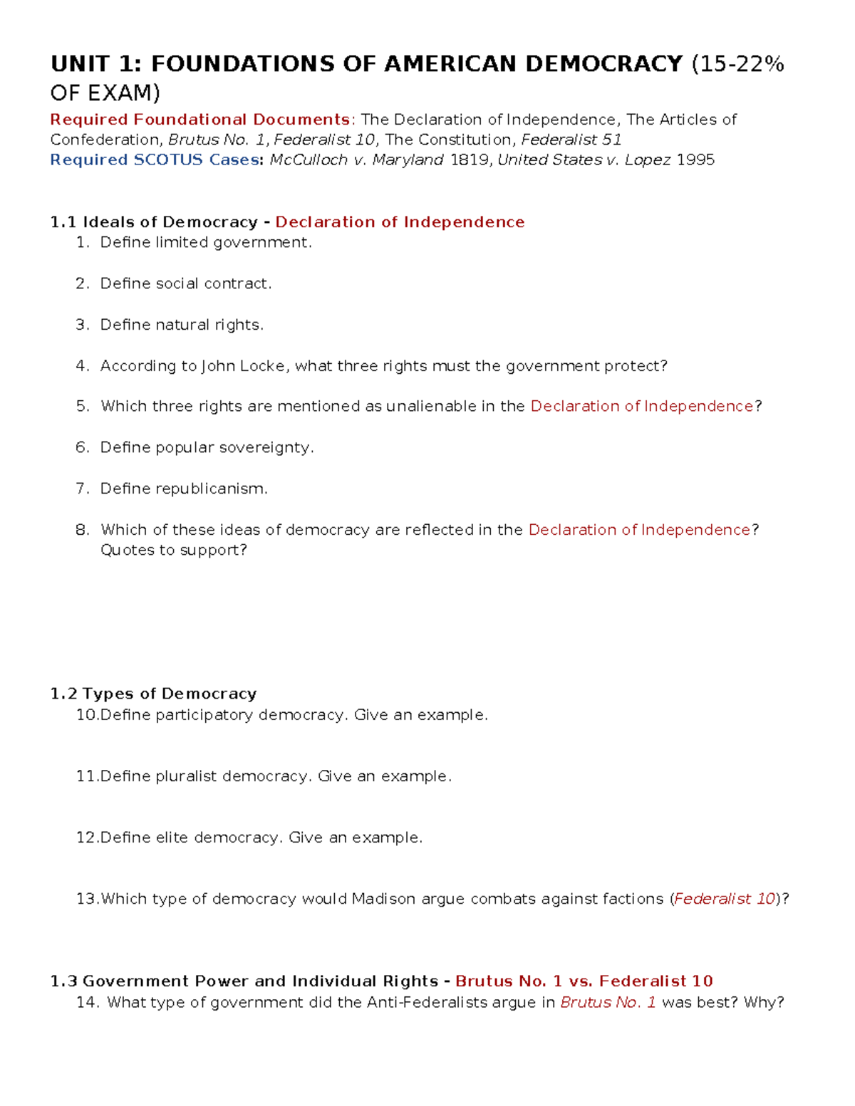 Unit 1 Study Guide: Foundations of American Democracy (Exam Prep) - Studocu