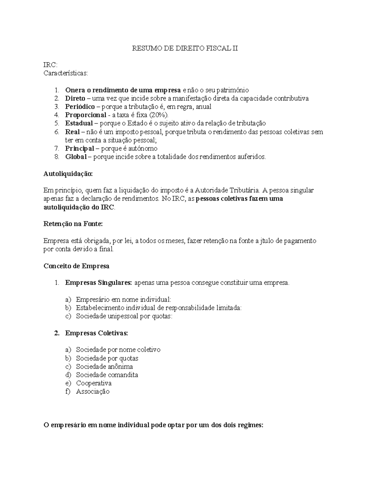 Resumo de Direito Fiscal II: Características e Incidências do IRC - Studocu