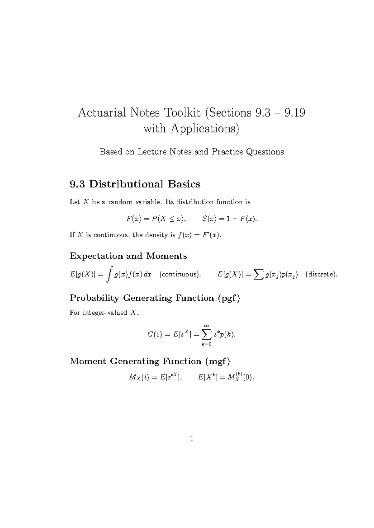 Actuarial Notes Toolkit: Lecture Insights on Distribution & Risk (3660 ...