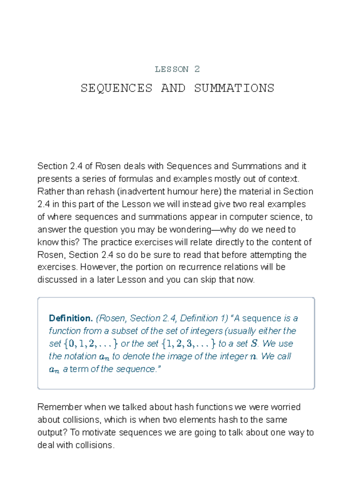 Lesson 2: Sequences and Summations in Computer Science (Rosen 2.4 ...