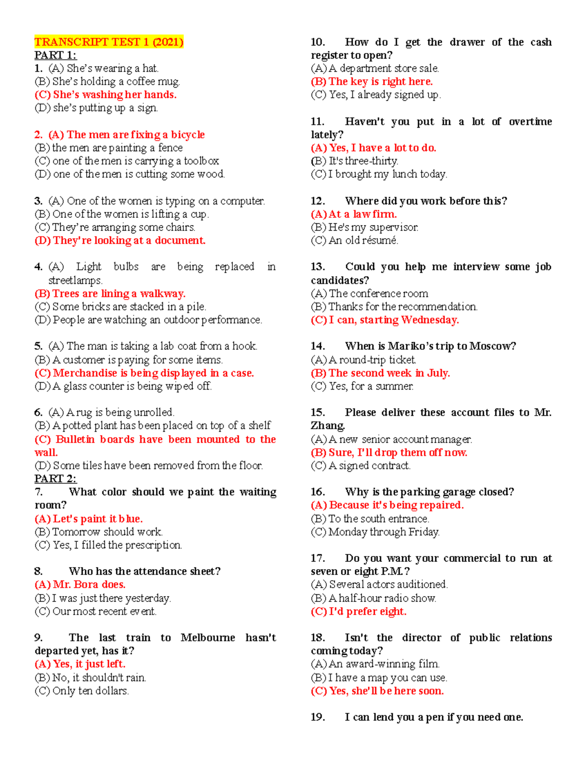 TRANSCRIPT TEST 1 (2021) - Listening Comprehension Questions and ...