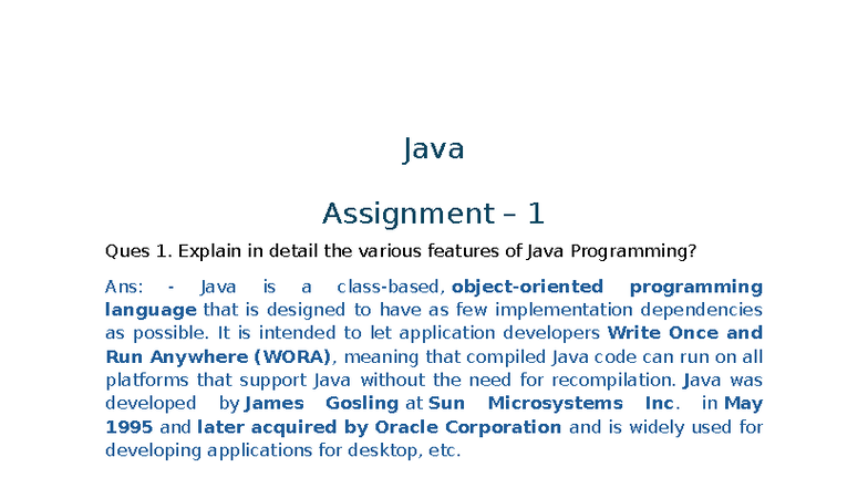 Java Assignment 1: Key Features and Concepts Explained - Studocu