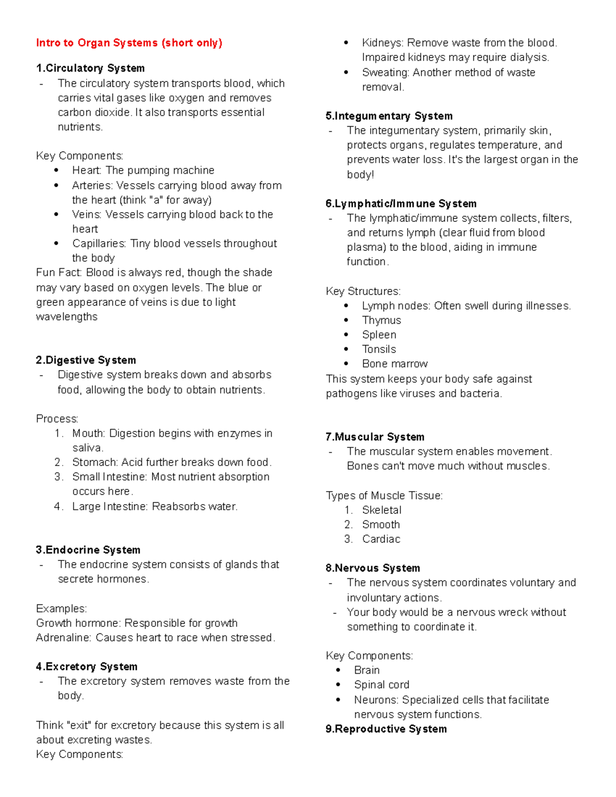 Intro to 11 Organ Systems (BIO101) - Overview and Key Functions - Studocu