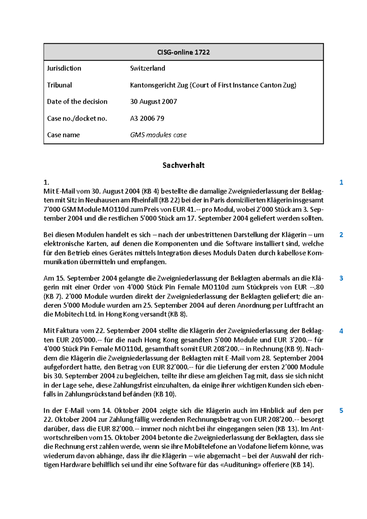 1722 Fallanalyse: Gerichtsurteil des Kantonsgerichts Zug zu GSM Modulen ...