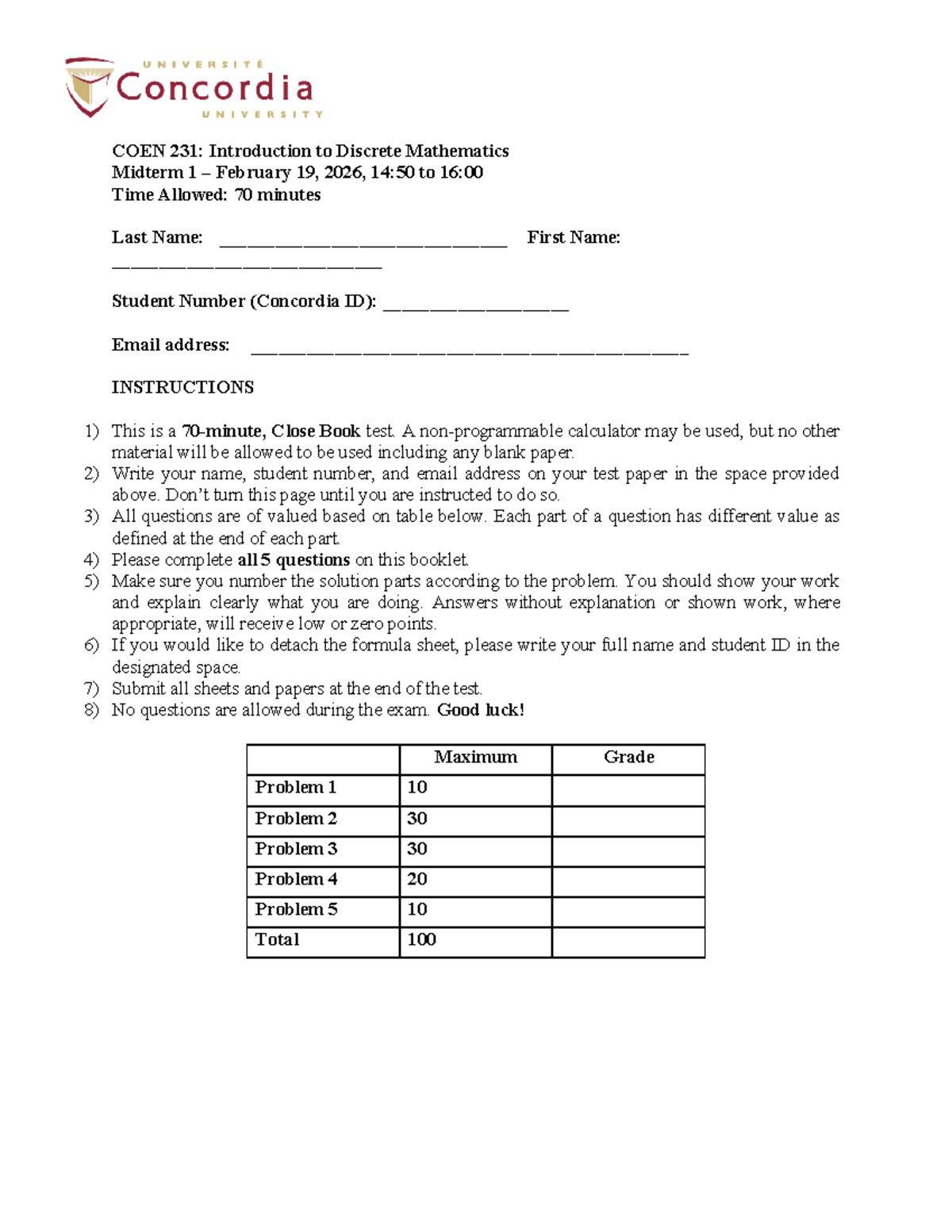 COEN 231: Discrete Mathematics Midterm 1 Solutions - Winter 2026 - Studocu