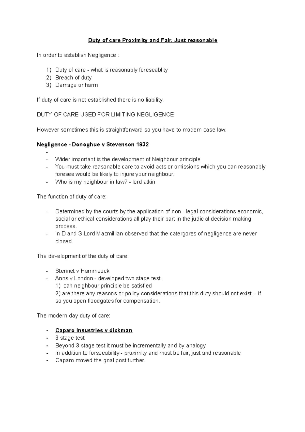 2. Duty of Care - Negligence Notes for Law Course - Studocu