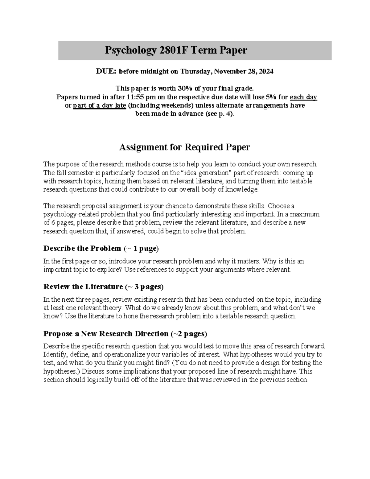 Fall term paper rubric, 2024 - Psychology 280 1 F Term Paper DUE ...