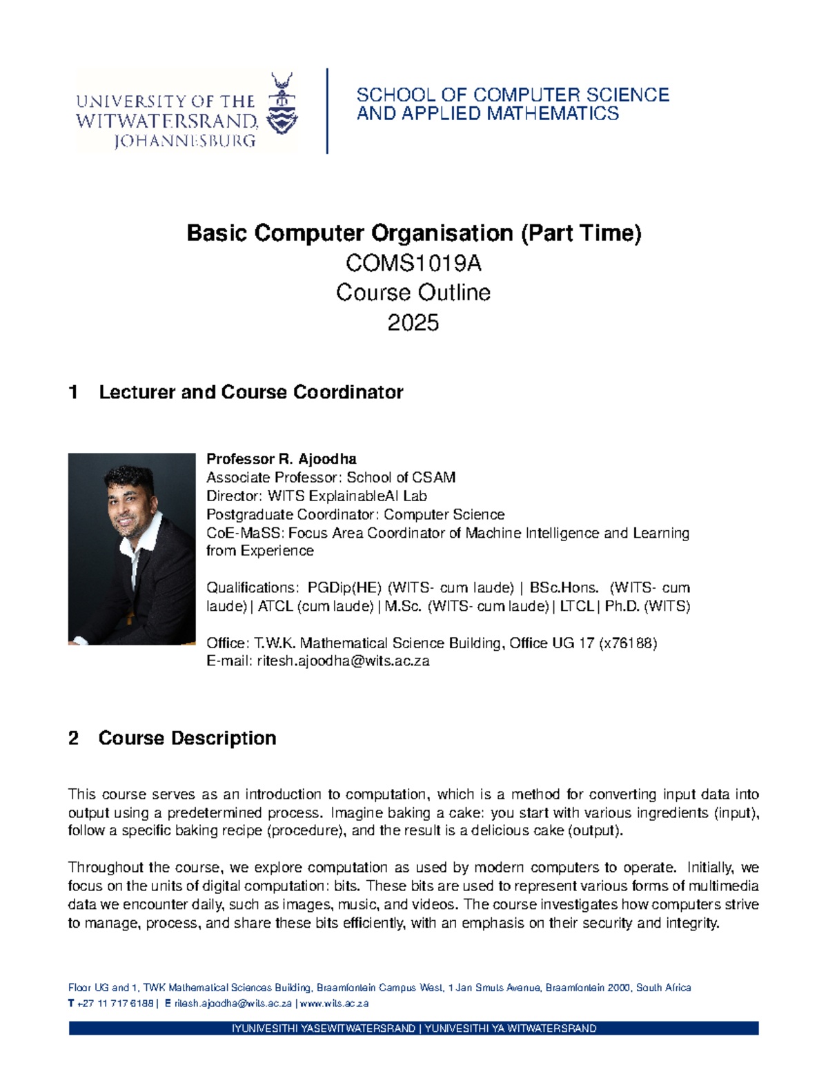 COMS1019A Basic Computer Organisation Course Outline 2025 - Studocu