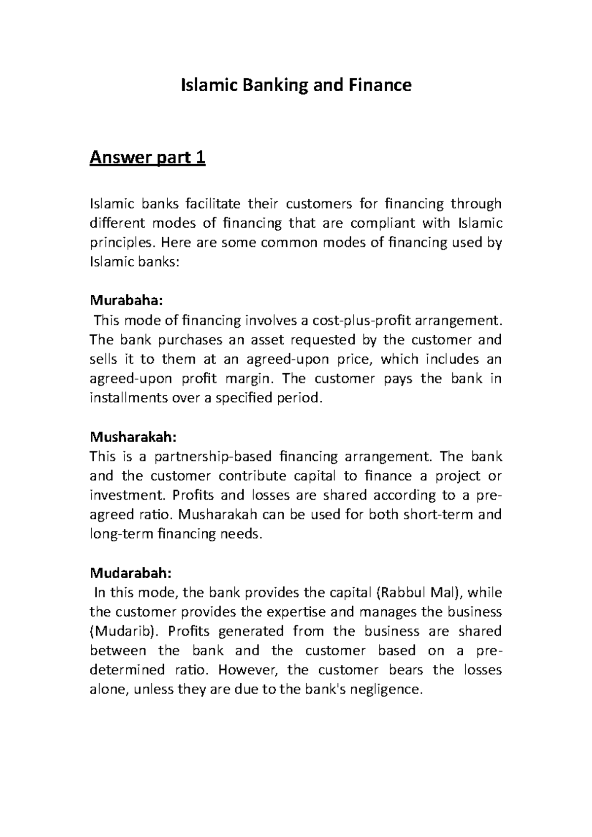 Islamic Banking and Finance Assi 4: Modes of Financing Explained - Studocu