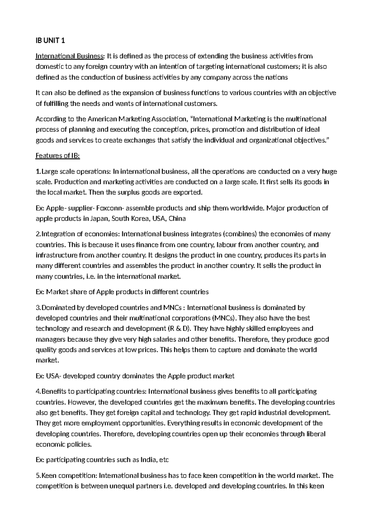 IB UNIT 1 International Business: Key Concepts and Features - Studocu