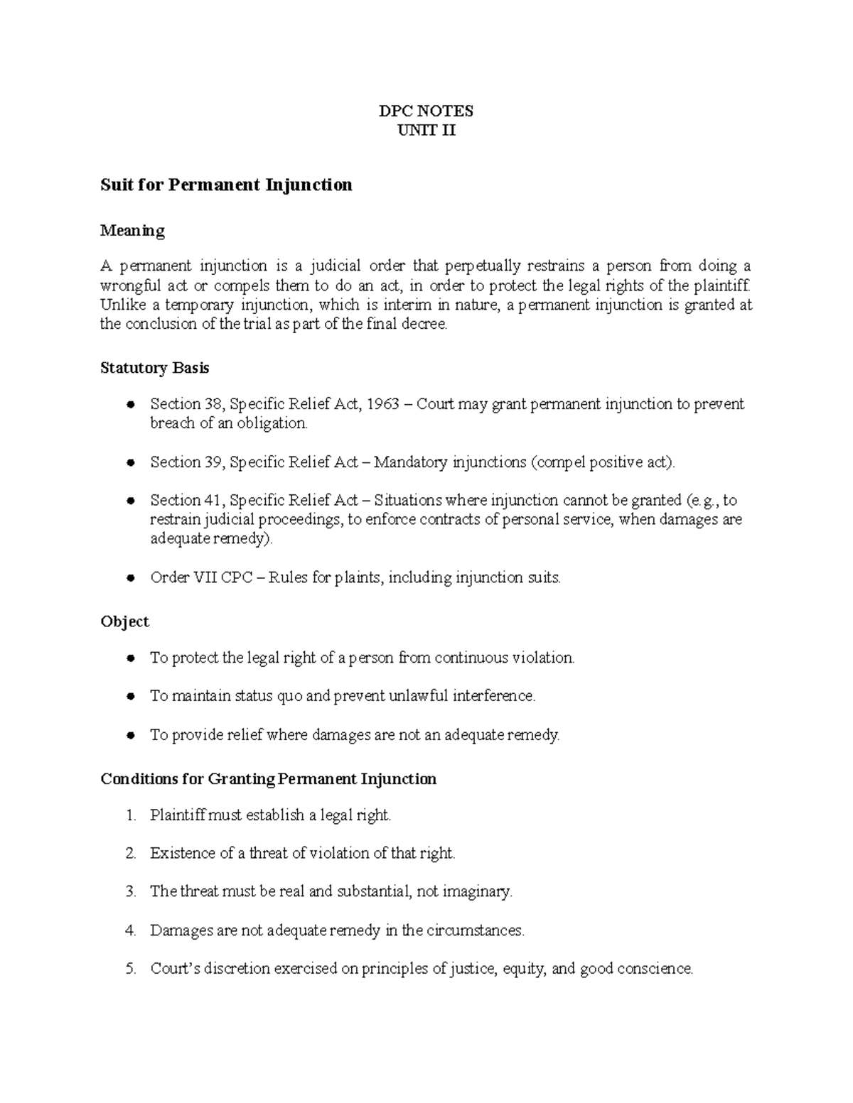 DPC UNIT II - Notes on Permanent Injunctions and Related Legal Concepts ...