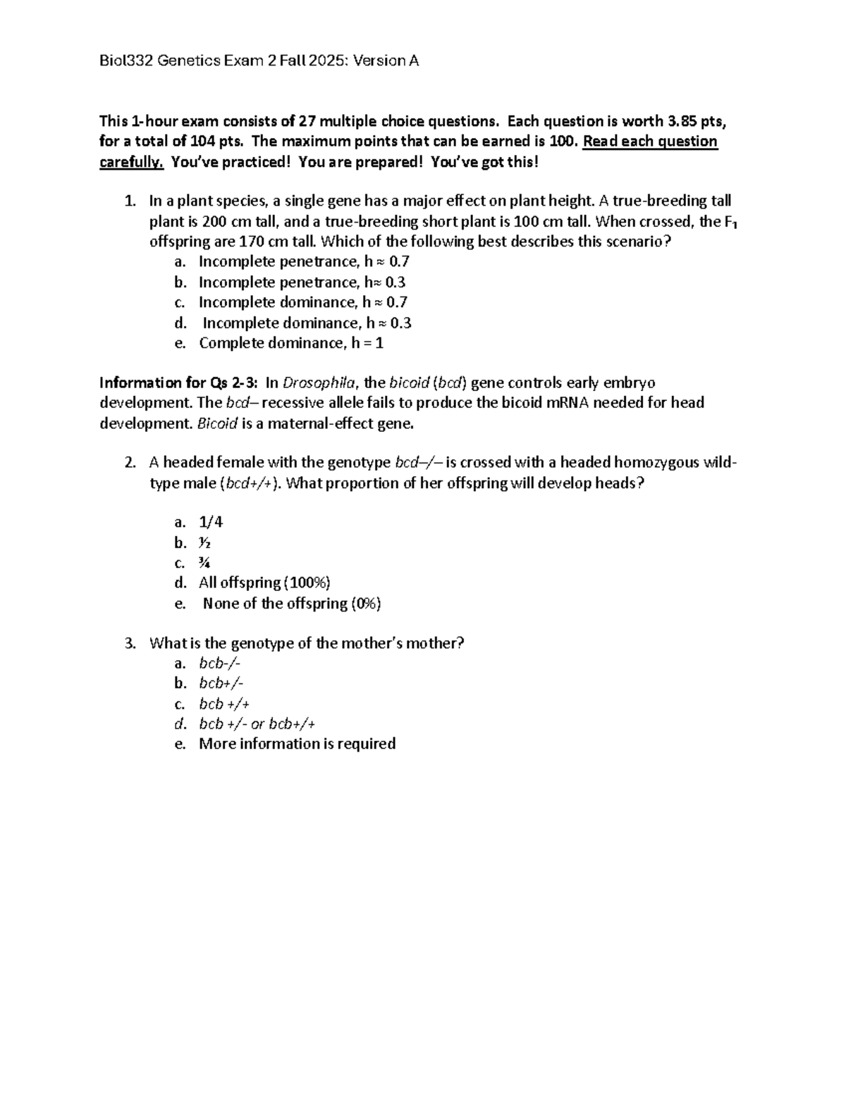 Biol332 Genetics Exam 2 Fall 2025: Version A - Study Guide - Studocu