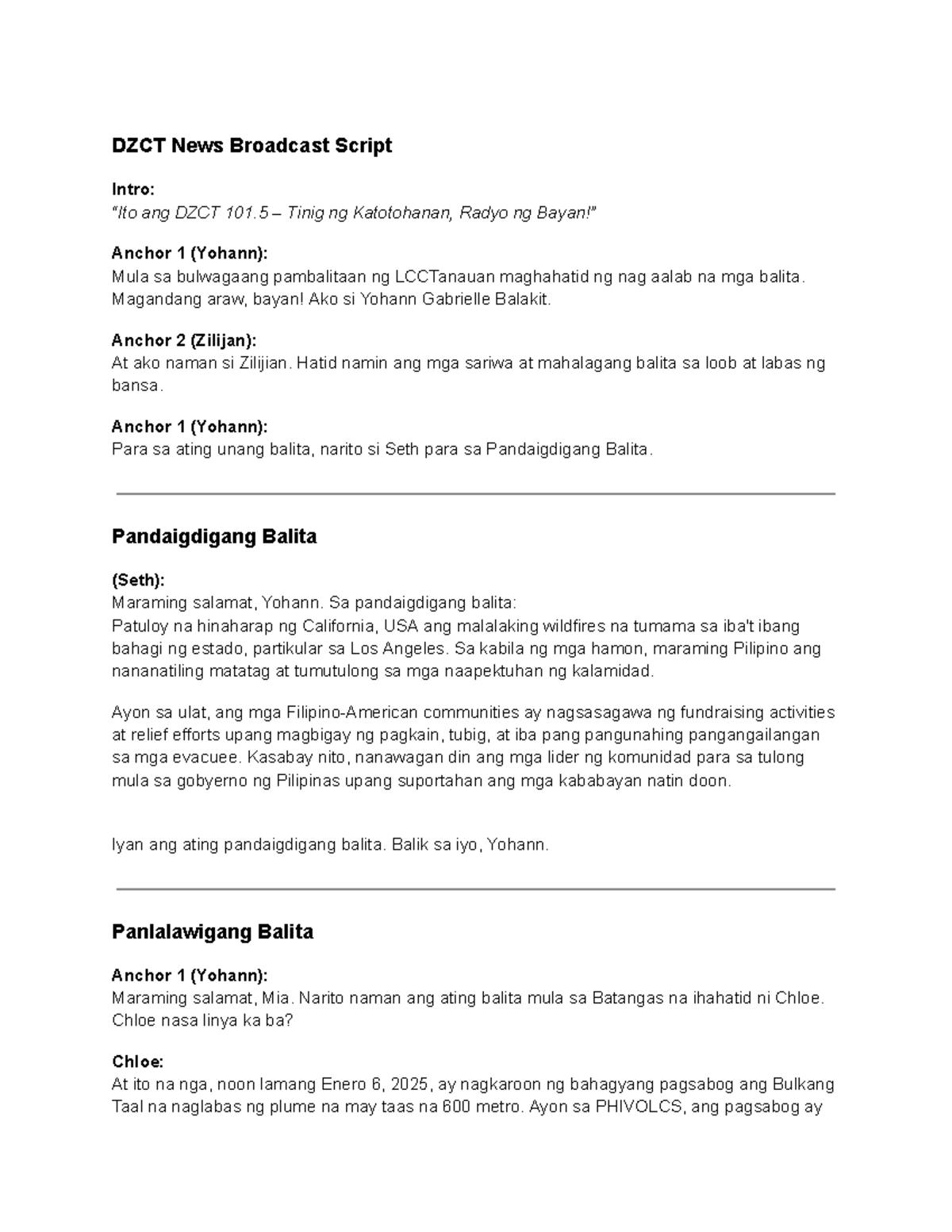 DZCT 101 News Broadcast Script: Current Events and Updates - Studocu