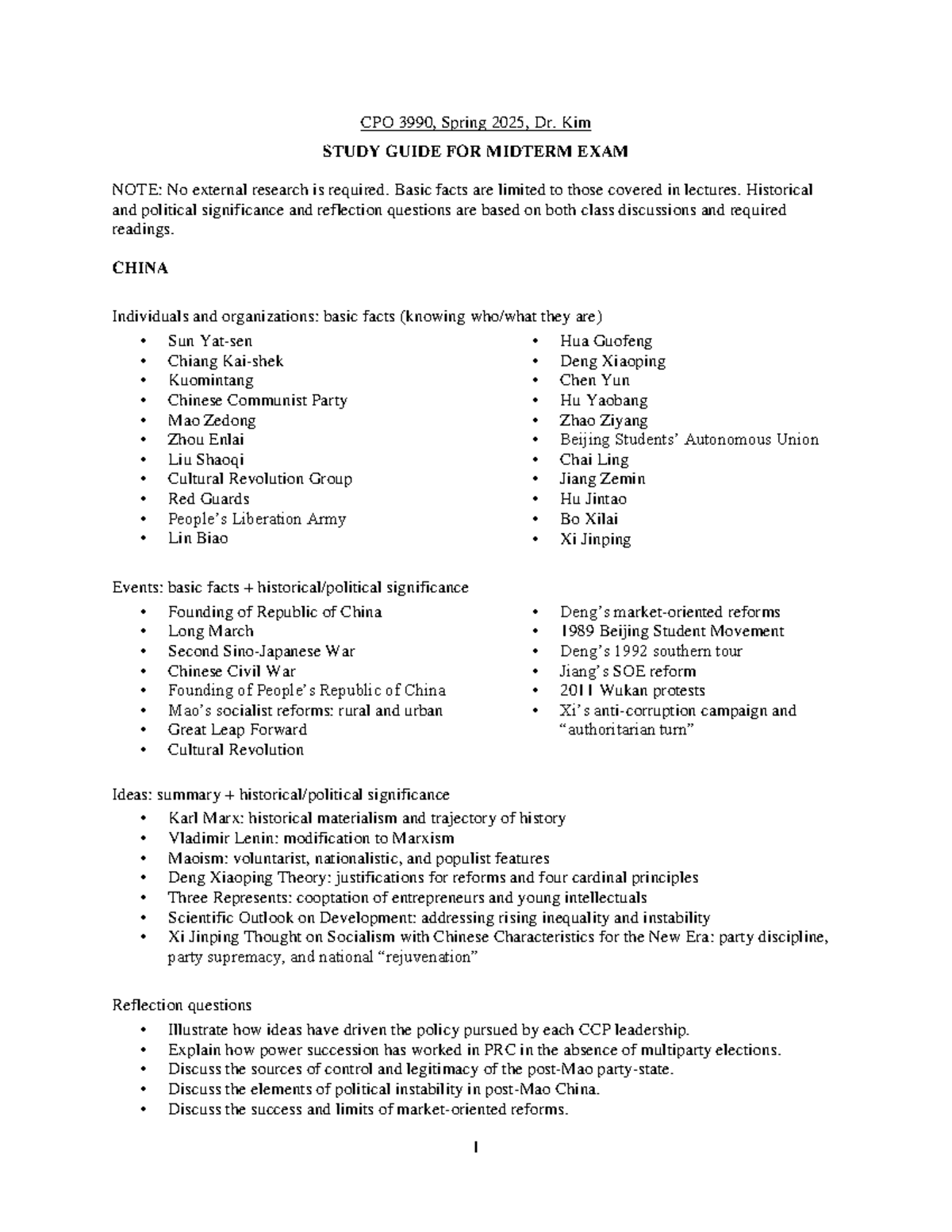 CPO 3990 Midterm Exam Study Guide: China, Taiwan, and Hong Kong - 1 CPO ...