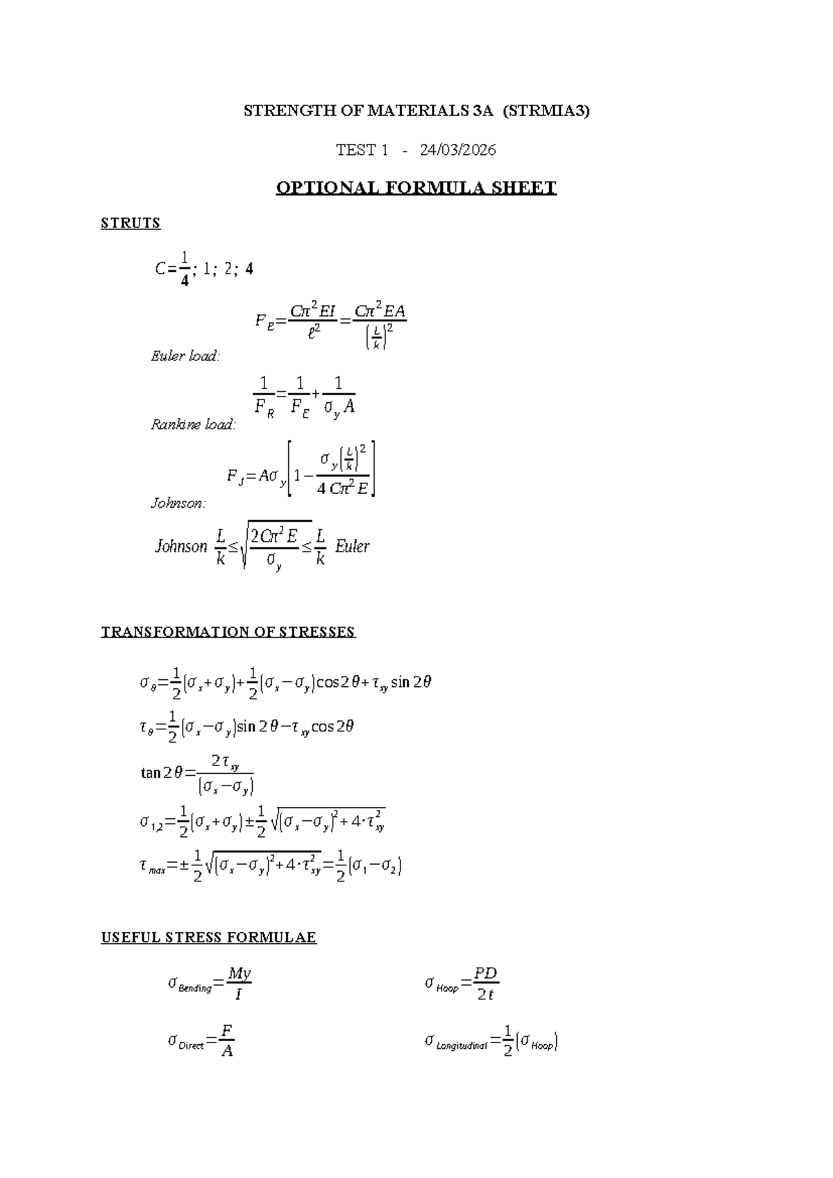 STRMIA3 Test 1 Formula Sheet - Strength of Materials - Studocu