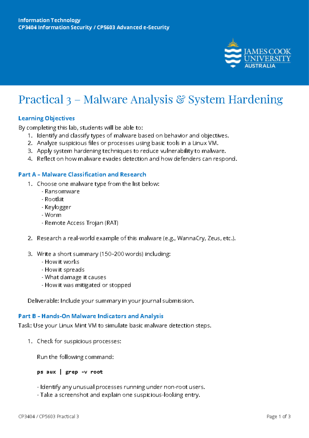 CP3404 & CP5603 Practical 3: Malware Analysis & System Hardening - Studocu