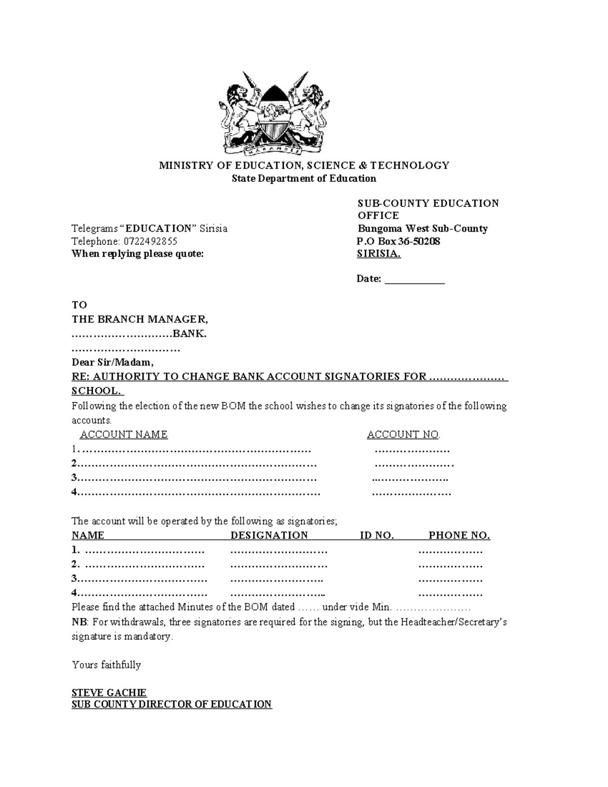 Authority to Change Bank Signatories for School - EDUCATION OFFICE ...
