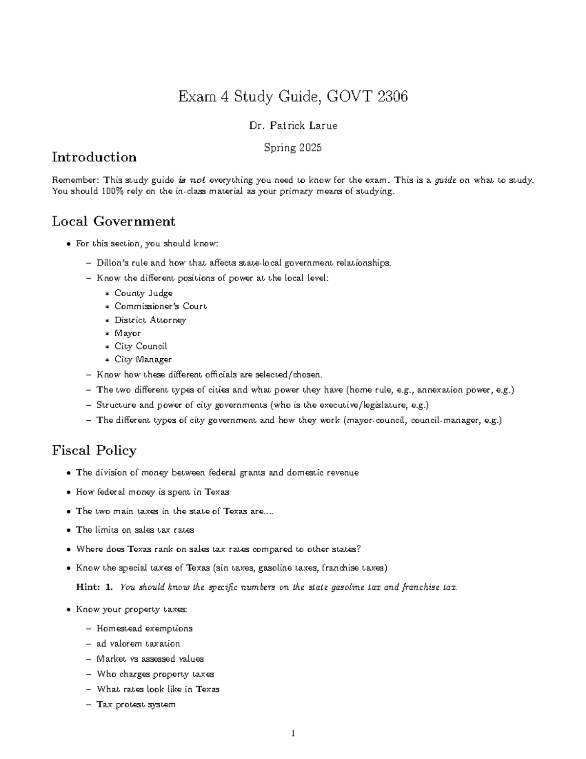 Exam 4 Study Guide for GOVT 2306 - Spring 2025 - Exam 4 Study Guide ...