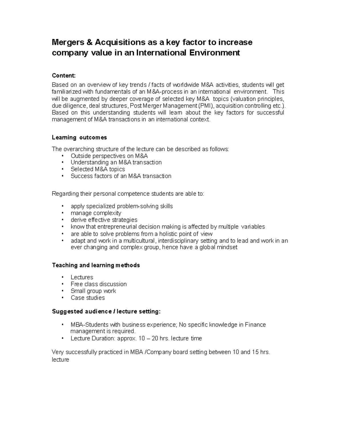 78-Spring 2026 MBA Elective: Successful Mergers & Acquisitions - Studocu