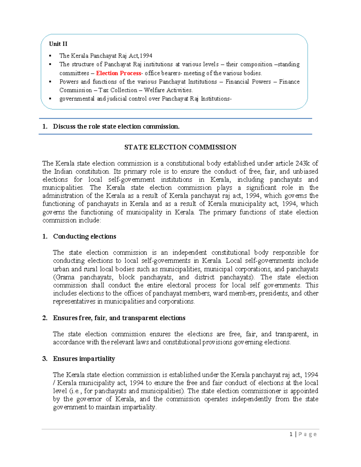 Unit II: The Kerala Panchayat Raj Act, 1994 - Role of State Election ...