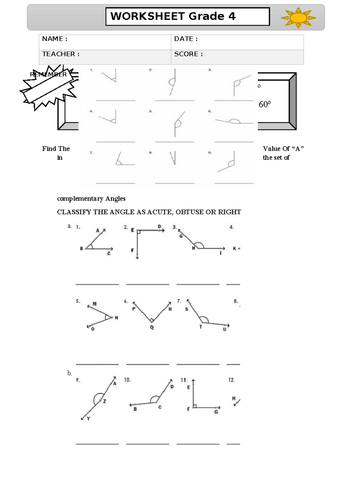 Grade 4 Worksheet: Understanding Angles and Turns - Studocu