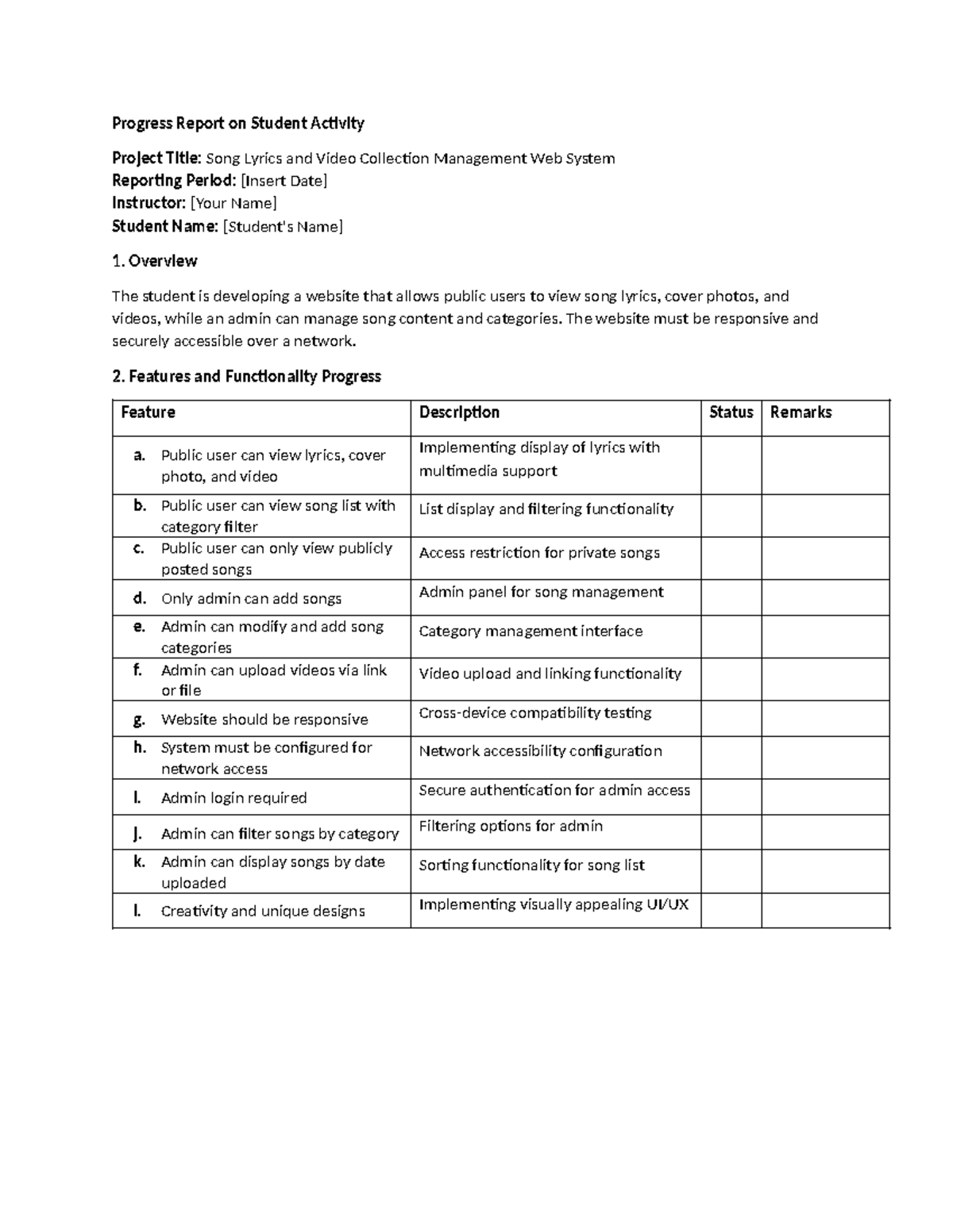 Progress Report on Student Activity template - Progress Report on ...