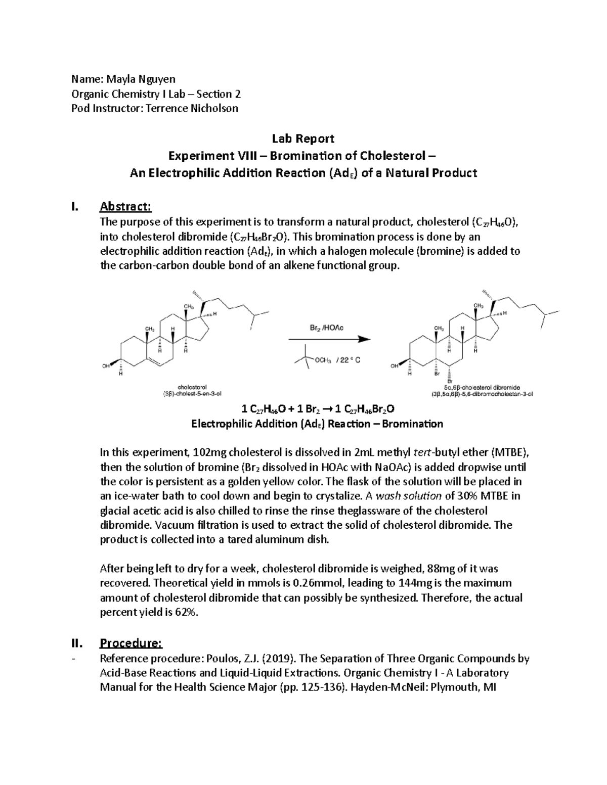 Lab Report II: Bromination of Cholesterol in Organic Chemistry I - Studocu