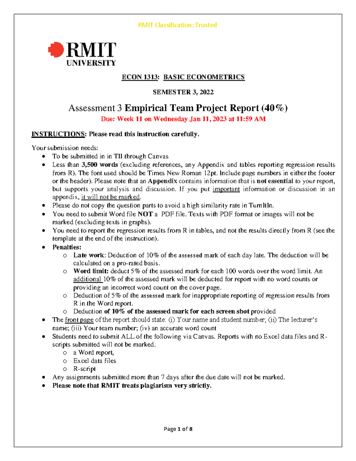 Assessment 3 Team Project Report for ECON 1313: Basic Econometrics S3 ...