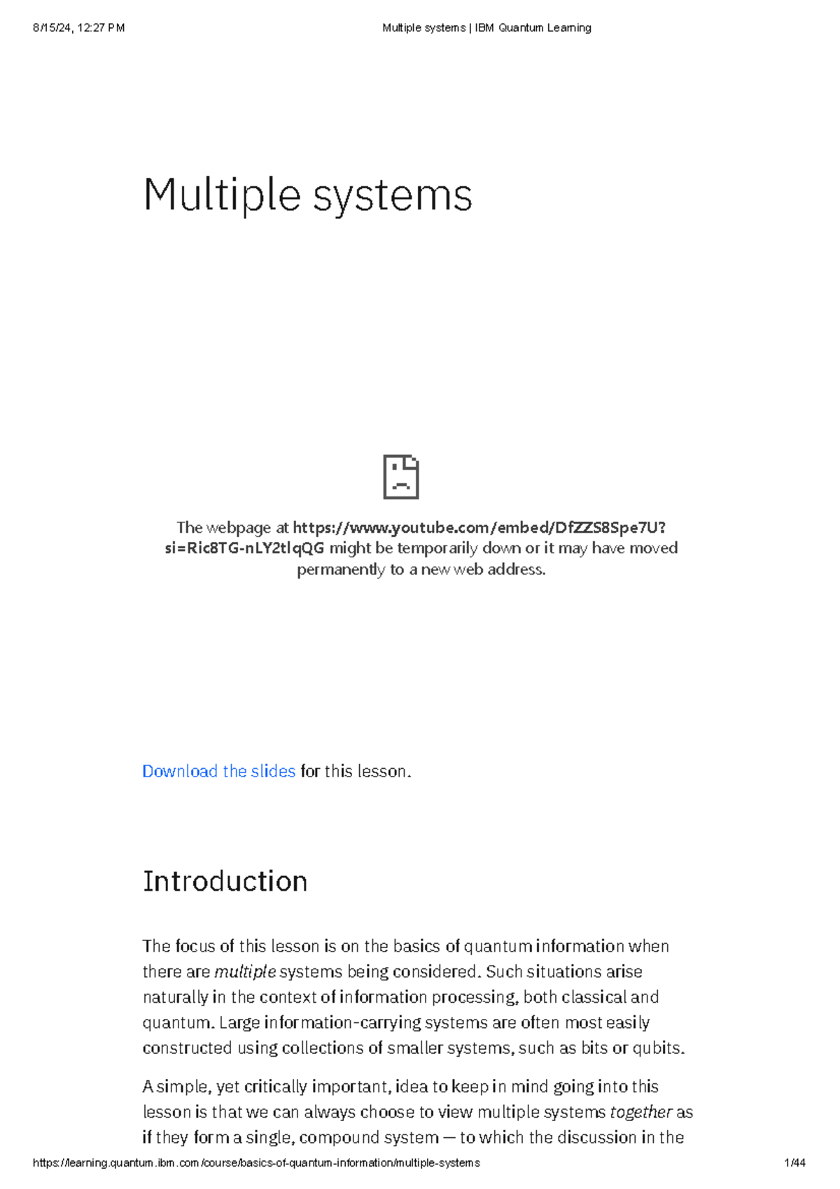 IBM Quantum Learning: Understanding Multiple Systems in Quantum Info ...