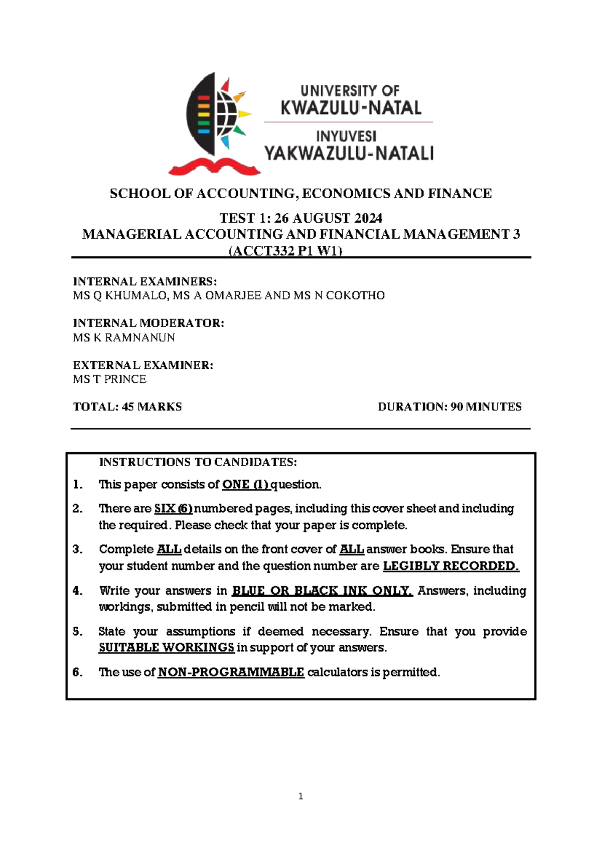 Test 1 Solutions for ACCT332: Managerial Accounting - August 2024 - Studocu