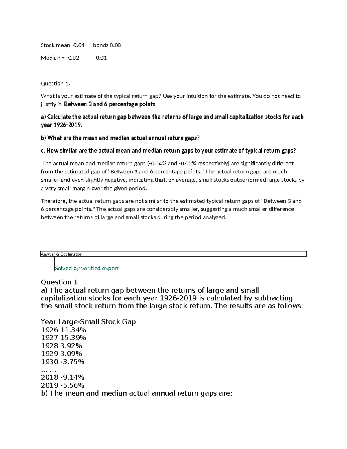 Stock Gap Assignment - Investment course Questions - Stock mean -0 ...