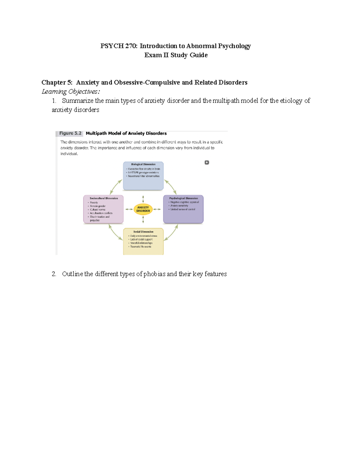 Exam II Study Guide for PSYCH 270: Abnormal Psych Focus on Anxiety ...